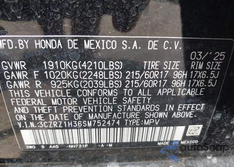 2025 Honda Hr-V 2Wd Lx из США, поврежденный, VIN 3CZRZ1H36SM752474